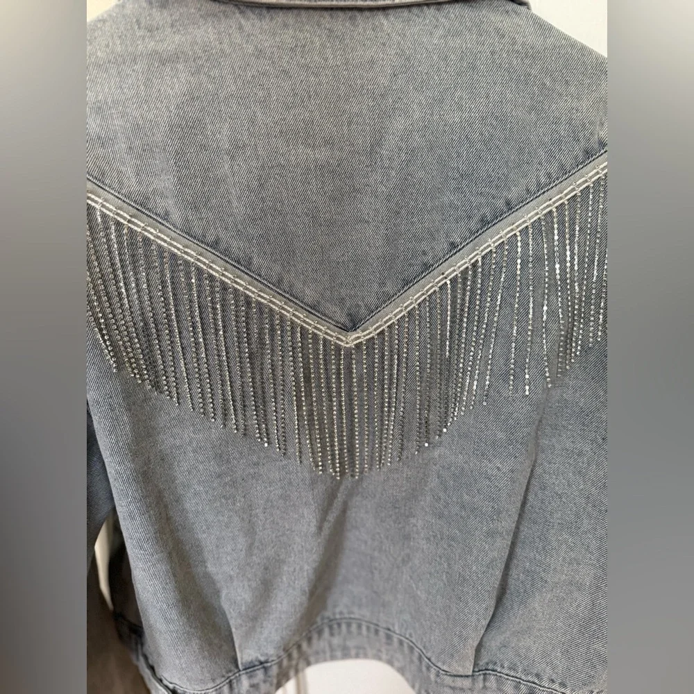 Windsor Rocker-Chic Rhinestone Fringe Denim Jacket, size L - Picture 13 of 14